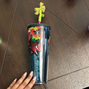 Starbucks Dark Blue Tumbler with Pink and Green Straw